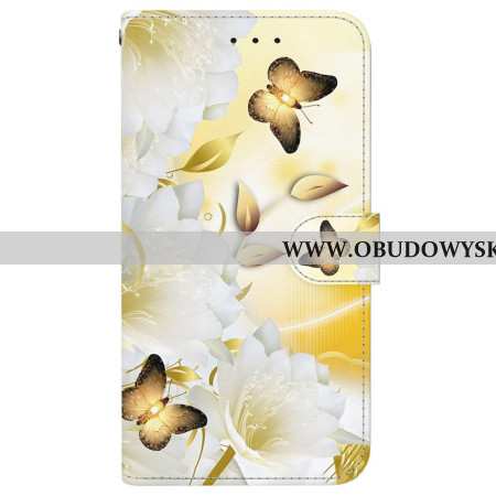 Etui Folio Do Xiaomi Redmi Note 14 4g Złote Motyle I Kwiaty