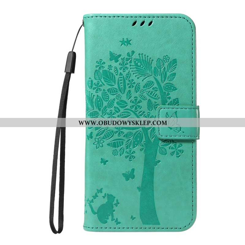 Skórzany Futerał Oppo Reno 14 5g Etui Na Telefon Drzewo I Kot