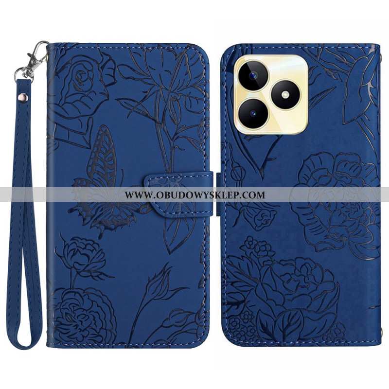 Skórzany Futerał Realme C53 Etui Na Telefon Pasek Z Nadrukiem Motyla
