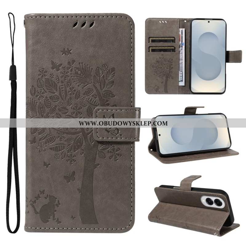 Skórzany Futerał Samsung Galaxy S25 5g Edge Etui Na Telefon Drzewo I Kot