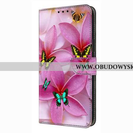 Skórzany Futerał Samsung Galaxy S26 Plus Etui Na Telefon Różowe Motyle W Kwiaty