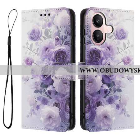 Skórzany Futerał Vivo V60 Lite Etui Na Telefon Fioletowe Róże