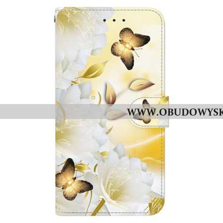 Skórzany Futerał Xiaomi 15 Etui Na Telefon Złote Motyle I Białe Kwiaty
