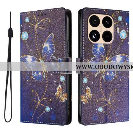 Skórzany Futerał Xiaomi 15t Pro Etui Na Telefon Złote I Niebieskie Motyle