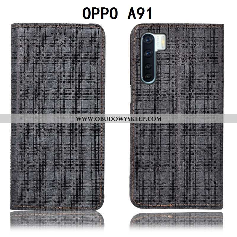Etui Oppo A91 Skórzane Futerał Krata, Oppo A91 Wzór Pokrowce Bordowa
