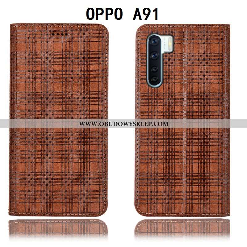 Etui Oppo A91 Skórzane Futerał Krata, Oppo A91 Wzór Pokrowce Bordowa