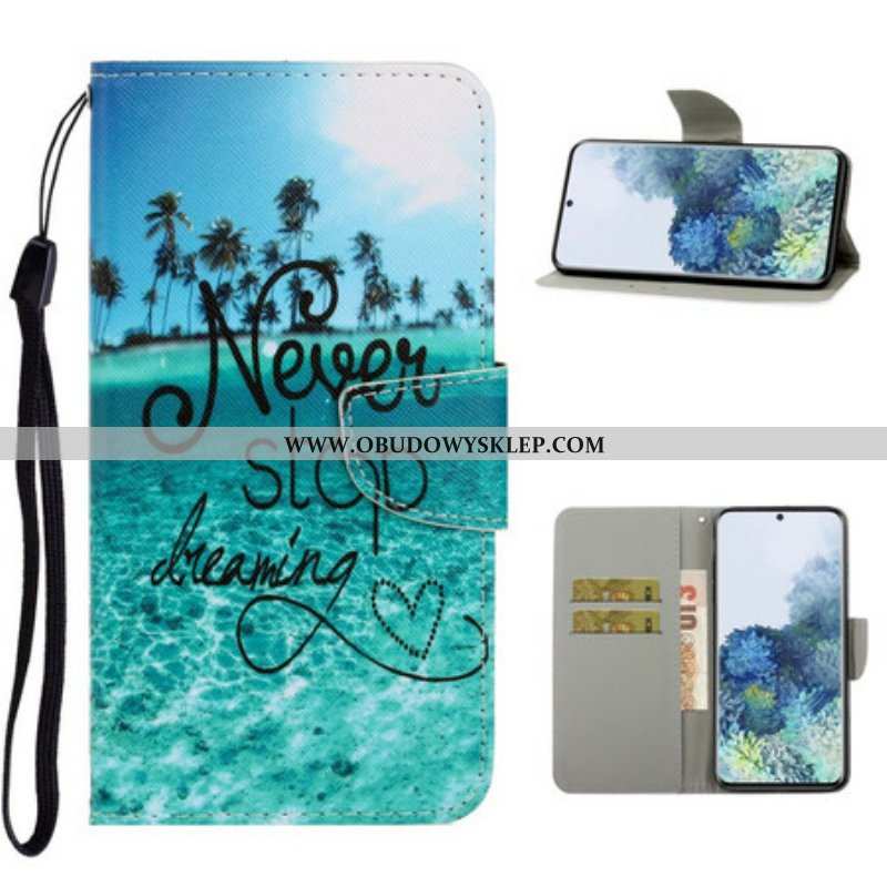 Etui Folio do Samsung Galaxy S21 5G z Łańcuch Granatowy Pasek Na Ramiączkach Never Stop Dreaming