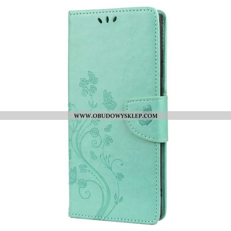 Etui Folio do Samsung Galaxy S22 Ultra 5G Motyle I Kwiaty Z Smyczem