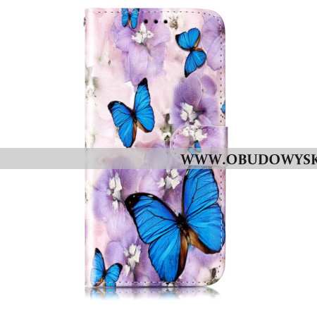 Etui Folio Samsung Galaxy S24 Plus 5g Niebieskie Motyle I Fioletowe Kwiaty Z Paskiem