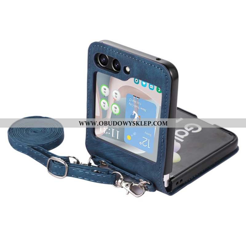Etui Samsung Galaxy Z Flip 5 Skórzane Etui Na Karty I Pasek Na Ramię