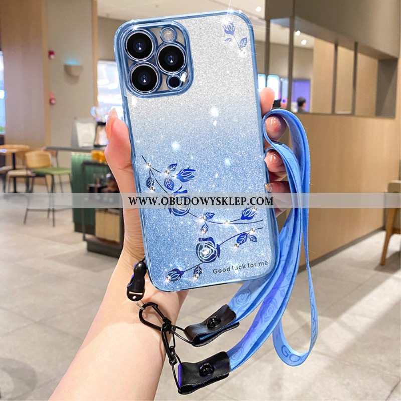 Etui iPhone 16 Pro Max Kwiaty I Cyrkonie Z Paskiem Kadem