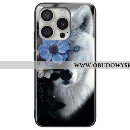 Futerały iPhone 16 Pro Max Etui Na Telefon Szkło Hartowane Z Wilkiem I Niebieskim Kwiatem