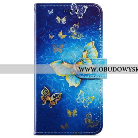 Pokrowce Samsung Galaxy A55 5g Złoty Motyl Na Niebieskim Tle Z Paskiem