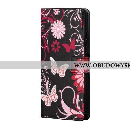 Skórzany Futerał Google Pixel 8a Etui Na Telefon Motyle Na CZarnym Tle