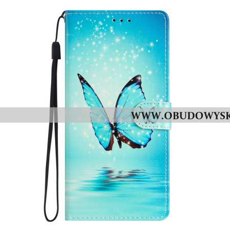 Skórzany Futerał Samsung Galaxy A15 5g Etui Na Telefon Niebieski Motyl Z Paskiem
